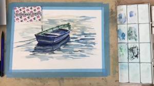 Лодка на воде акварельный рисунок