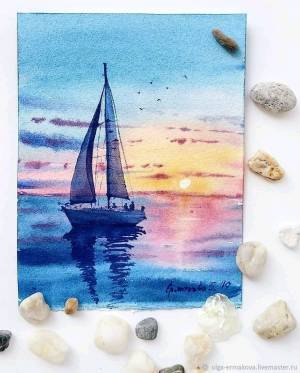 Море и корабль рисунок акварелью