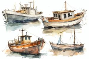 Акварель с изображением лодок со словом море на боку