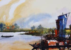 Река и лодки акварель живопись фон