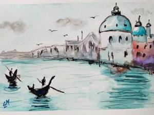 Картина акварель Венеция рисунок лодки на воде живопись бумага пейзаж Венеция скетч городской пейзаж