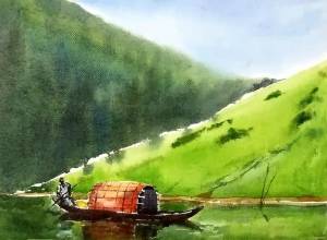 Акварель с видом на горы река и лодка иллюстрация пейзажная живопись