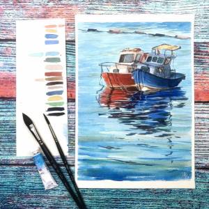 Рисуем акварелью рыбацкие лодочки!