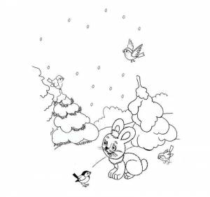 Раскраска зимний лес зайчики и птички