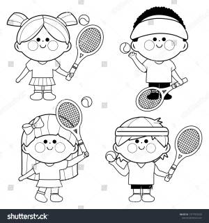 Children Playing Tennis Vector Black White