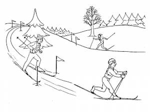 Раскраски Раскраска Лыжники катятся с горы спорт мультики