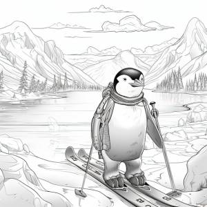 Пингвин катается на лыжах зимой в книге для раскраски в стиле коттеджпанк