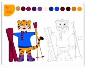 Раскраска для детей по цветам мультяшный тигр с лыжами и лыжными палками в руках