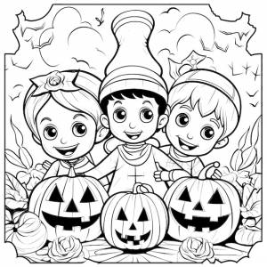 Хэллоуинская вечеринка для детей, черно-белая раскраска для детей и взрослых, штриховая графика, простой мультяшный стиль, счастливый, милый и забавный