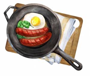 Яичница с сосисками и шпинатом на сковороде