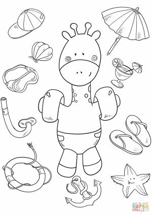 Раскраска Маленький жираф на пляже