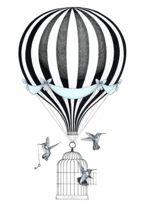 Hot Air Balloon and Birds Drawing