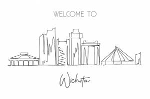 Рисунок в одну линию горизонта города уичито, канзас, сша, городской пейзаж для домашнего настенного плаката