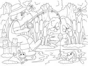 Рыбалка рыбак ловит рыбу на природе пирс на озере детские раскраски