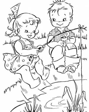 Раскраски Раскраска Дети ловят рыбку Летние развлечения, Сайт раскрасок