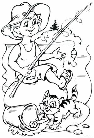 Раскраски Раскраска Мальчик ловит рыбу Люди на праздники