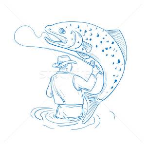 лет · рыбак · форель · рыбалки · рисунок · эскиз