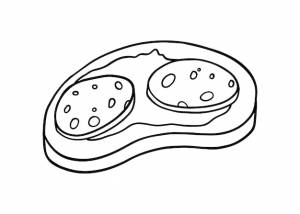 Бутерброд с колбасным маслом и булочкой завтрак еда мясо каракули линейная мультяшная раскраска