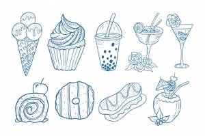 Наброски каракули закуски еда иллюстрации коллекции книжка-раскраска