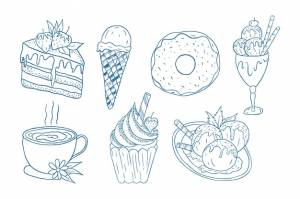 Наброски каракули закуски еда иллюстрации коллекции книжка-раскраска