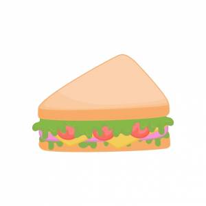 Ручной рисунок милый бутерброд в форме треугольника с ветчиной, сыром и овощным вектором