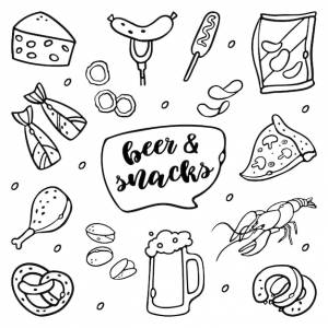 Пивные закуски fast food set outline doodle нарисованные от руки концепции закусок premium векторы