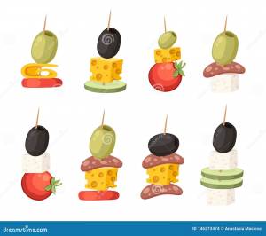 Канапы с различными атрибутами Ресторан с деревянной палкой Закуска, закуски для ресторанов Рисунок вектора плоской формы Иллюстрация штока