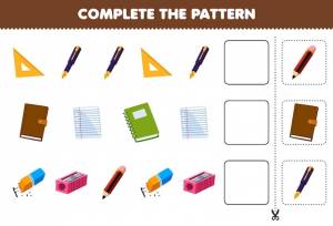 Образовательная игра для детей, завершите рисунок для милой мультяшной линейки, ручки, книги, ластика, точилки для карандашей, лист для печати