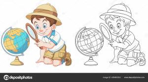 Окраска Страницы Мальчиком Изучающим Земной Шар Линейка Рисунка Детей Деятельность Векторное изображение ©Sybirko 428463302