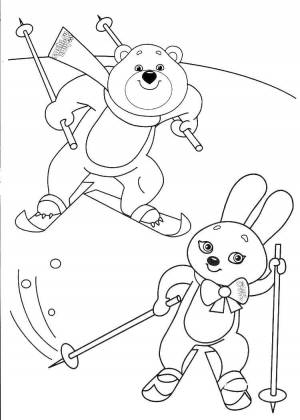 Раскраски Раскраска Олимпийский мишка и зайка на лыжах олимпийские игры