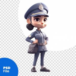 3d иллюстрация милой девушки-полицейского с портфелем в руке psd шаблон