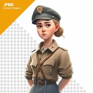 Девушка в военной форме на белом фоне 3d визуализация psd шаблон