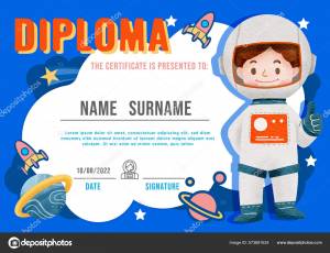 Сертификат Детей Диплом Детский Сад Шаблон Макет Астронавта Вектор Акварели Векторное изображение ©pongsuwan 573681624
