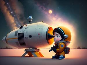 Симпатичный очаровательный супер ребенок в костюме астронавта и игрушке с ракетой на космическом фоне