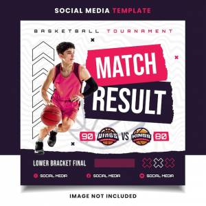 Шаблон флаера спортивного турнира по баскетболу с результатом матча с логотипом для социальных сетей