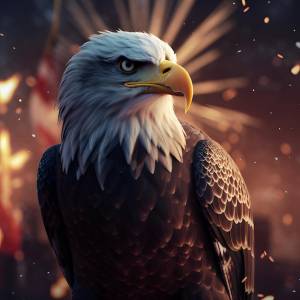 Белоголовый орлан с красным флагом на заднем плане