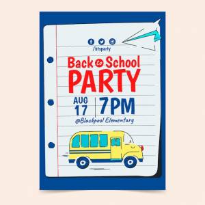 Плоский шаблон плаката школьной вечеринки со школьным автобусом