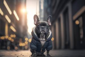 Портрет французского бульдога на улице концепция ухода за животными, здоровьем и домашними животными