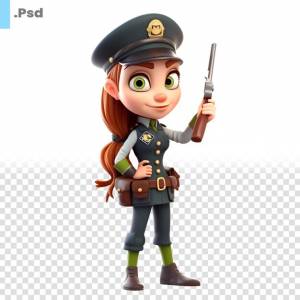 3d визуализация маленькой девочки-полицейского с пистолетом на белом фоне psd шаблон