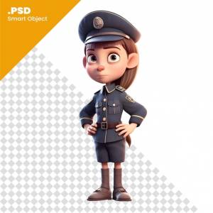 3d визуализация маленькой девочки-полицейского в шляпе и униформе на белом фоне psd шаблон