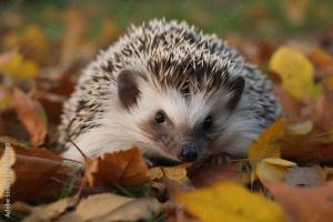 prickly hedgehog on autumn leaves фотография Stock