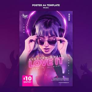 Шаблон неонового плаката для электронной музыки с женским диджеем