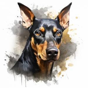 Акварельный портрет собаки добермана на фоне splat