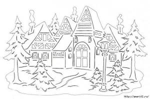 трафарет домик на новый год для окон