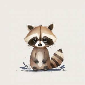 Стзованный детский рисунок енота на бумаге, нарисованный акварелью на светлом фоне generative ai