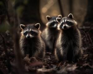 Еноты в лесу на темном фоне