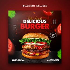 Вкусный бургер фаст-фуд меню рекламы дизайн шаблона рекламного баннера в социальных сетях