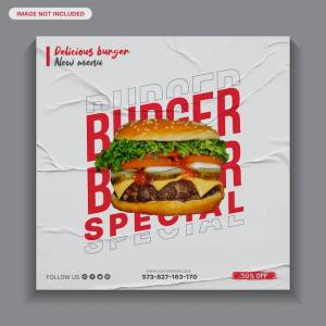 Вкусный гамбургер в социальных сетях, еда в социальных сетях, меню еды, шаблон еды