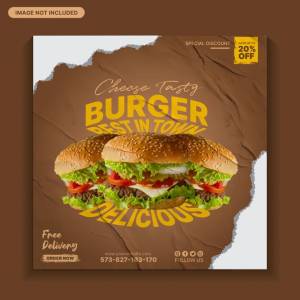 Вкусный гамбургер в социальных сетях, еда в социальных сетях, меню еды, шаблон еды