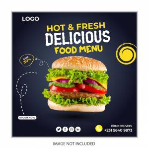 Креативный современный векторный шаблон вкусного гамбургера и меню еды в социальных сетях